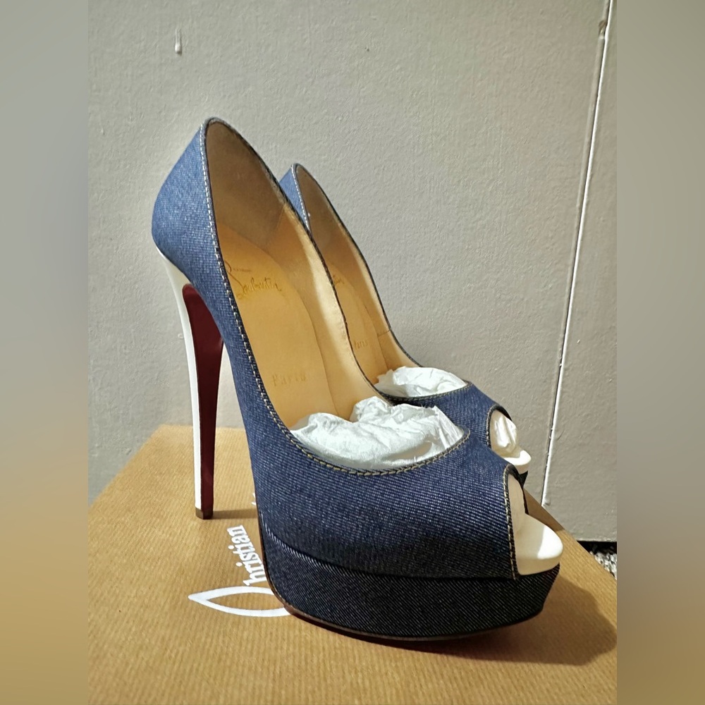 CHRISTIAN LOUBOUTIN LADY PEEP HEELS 150 DENIM JAZZ CALF BLB8 BLUE WHITE 38.5